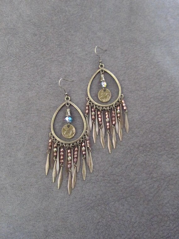 Large chandelier earrings, crystal and bronze gypsy earrings, boho bohemian unique princess
