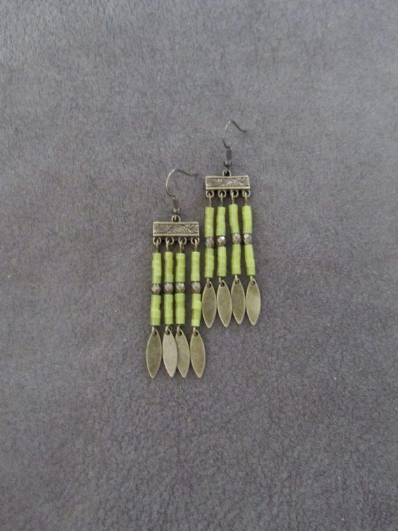 Seed bead chandelier earrings, lime green and bronze