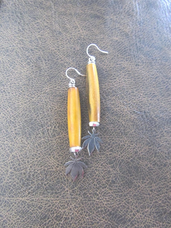 Hemp leaf marijuana cannabis and carved horn earrings, silver