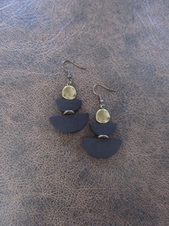 Black wooden Afrocentric dangle earrings, mid century modern earrings, geometric earrings