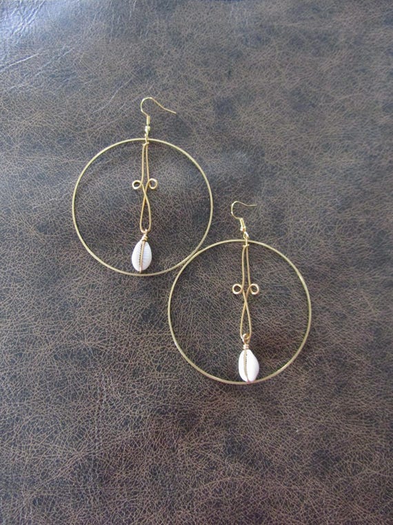 Large Cowrie shell and brass hoop earrings