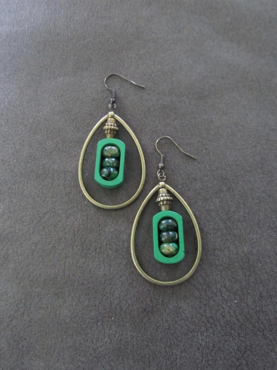 Bronze tear drop hoop  and green jasper earrings