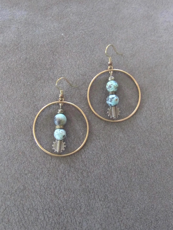 Bohemian bronze hoop and African turquoise earrings