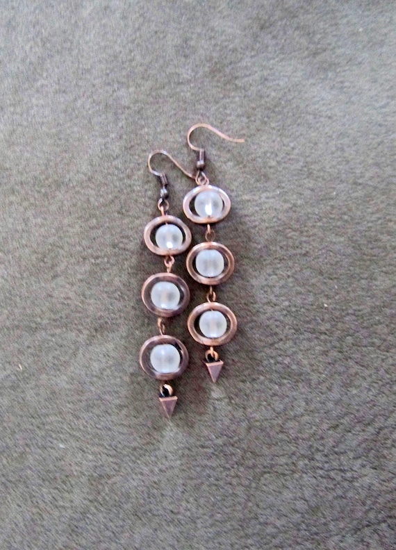 Long frosted glass  and copper earrings