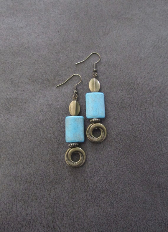 Turquoise earrings, blue howlite tribal earrings, boho earrings, long chic earrings, bohemian earrings, ethnic earrings, rustic brass