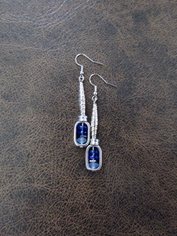 Silver and periwinkle glass dangle earrings, artisan ethnic earrings, simple chic