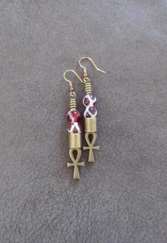 Ankh Egyptian African earrings, fertility symbol, kemetism, Tibetan agate 3