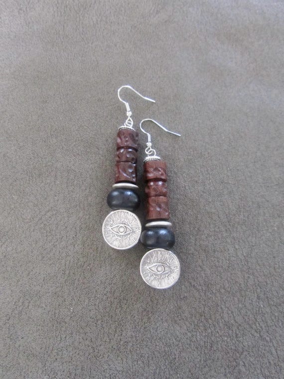 Silver evil eye and wooden earrings