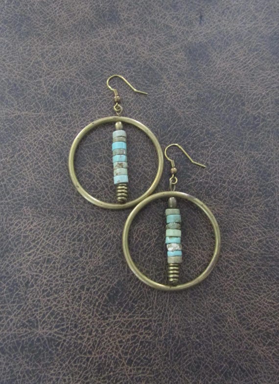 Bohemian bronze hoop and turquoise earrings
