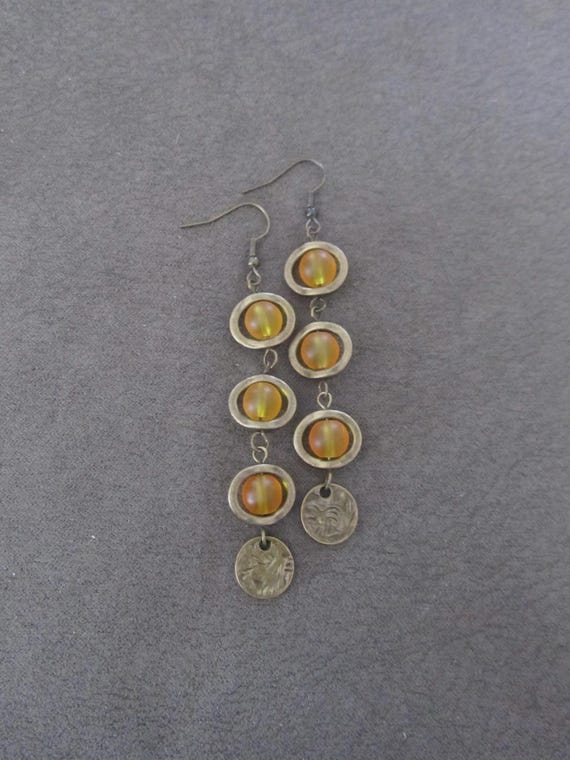 Long bohemian yellow frosted glass and bronze earrings