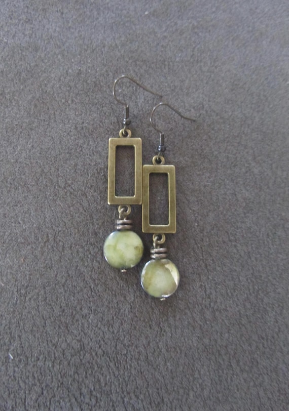 Green mother of pearl shell and antique bronze earrings