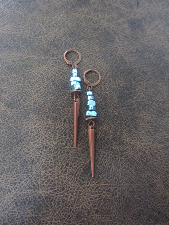 Abstract earrings, blue nugget and copper