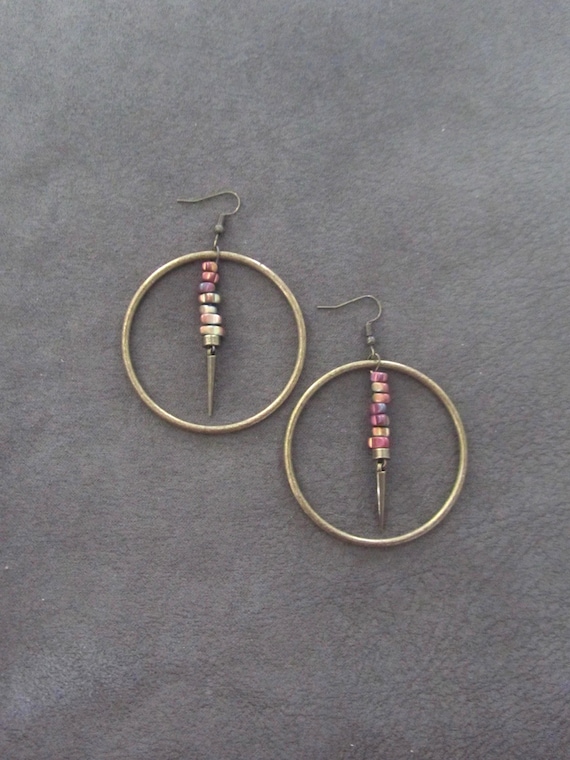 Hammered bronze hoop earrings, industrial eletroplated nugget earrings