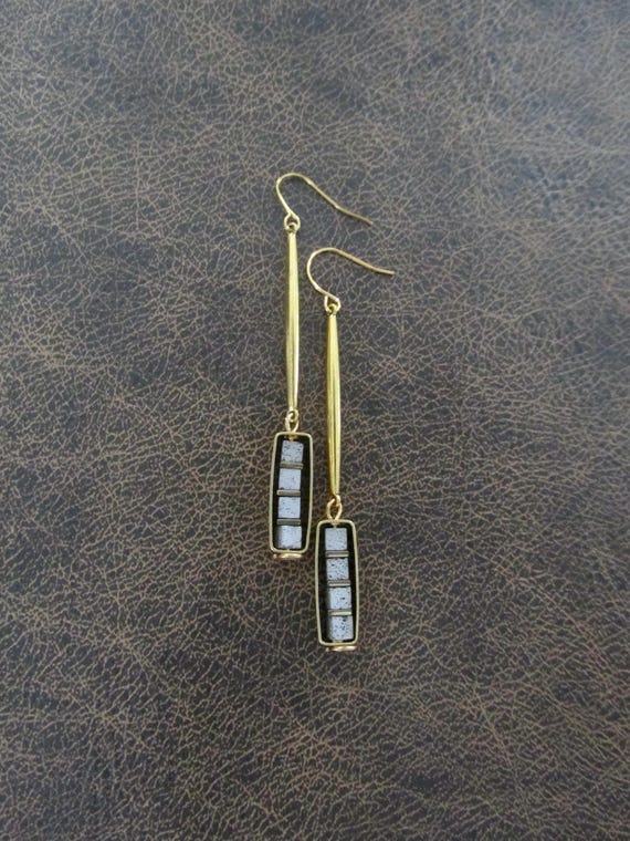 Industrial earrings, silver lava rock and brass