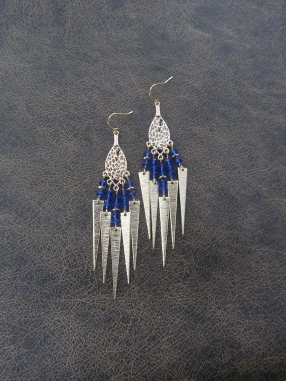 Dramatic blue crystal and light gold chandelier earrings
