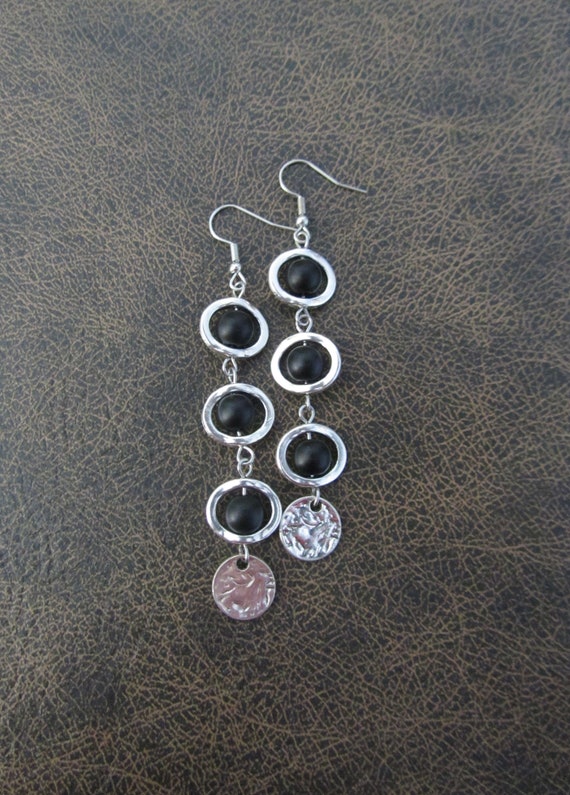 Long bohemian earrings, beach earrings, black frosted glass earrings, geometric earrings