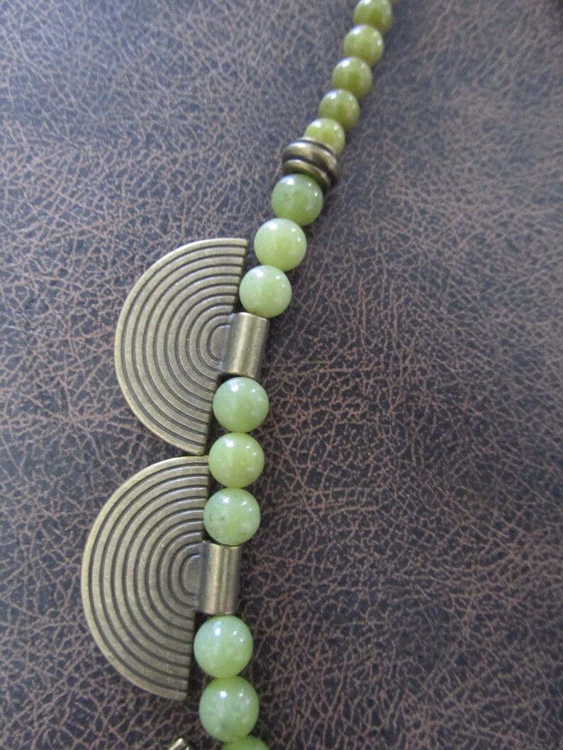 Green serpentine and bronze beaded statement necklace image 3