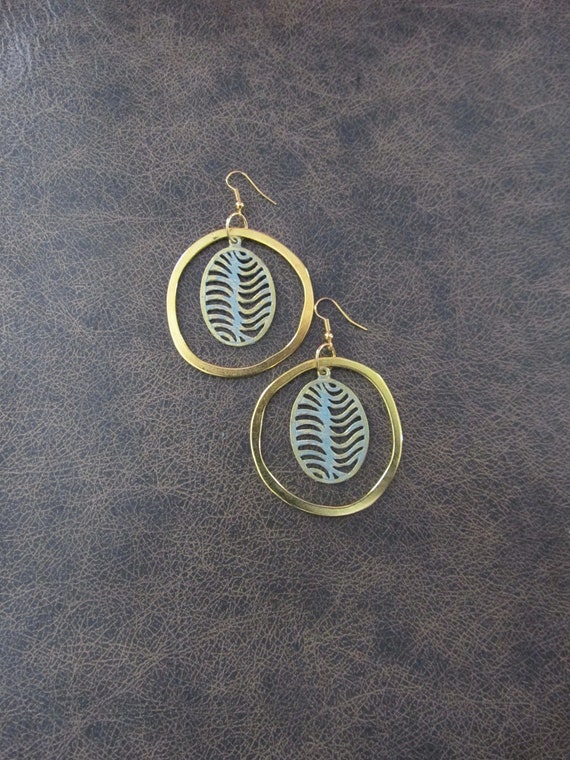 Large blue patina and gold hoop earrings