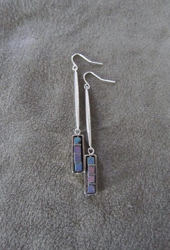 Industrial earrings, multicolor lava rock and silver minimalist earrings