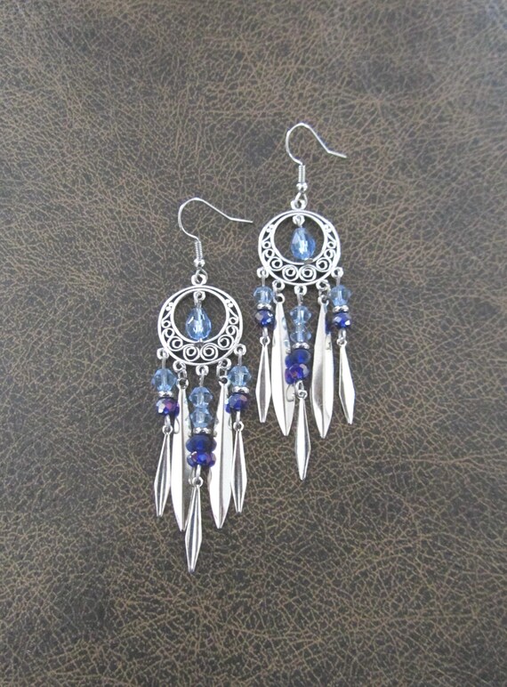 Blue and silver chandelier earrings, gypsy crystal dangle earrings