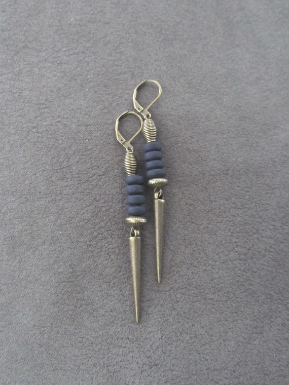 Spike Earrings: Bronze & Black Rubber, Minimalist Art Deco