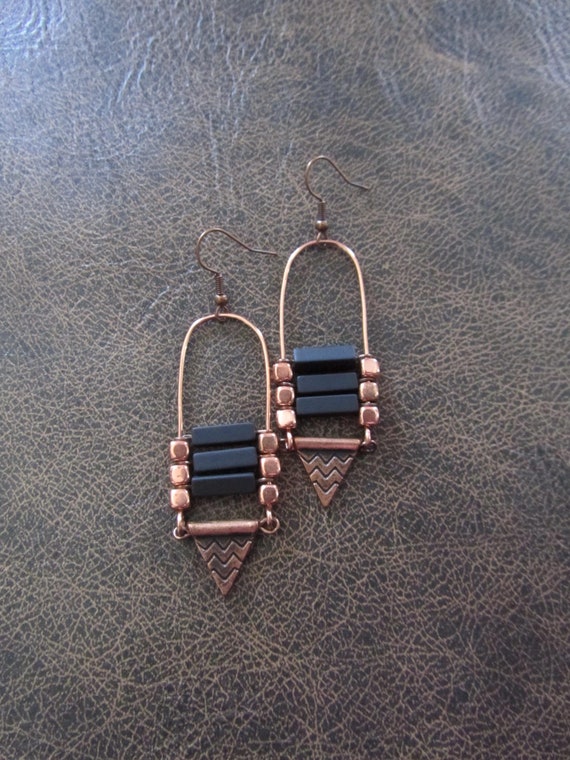 Copper ethnic earrings, chandelier earrings, statement earrings, chunky bold earrings, etched metal earrings, black stone earrings