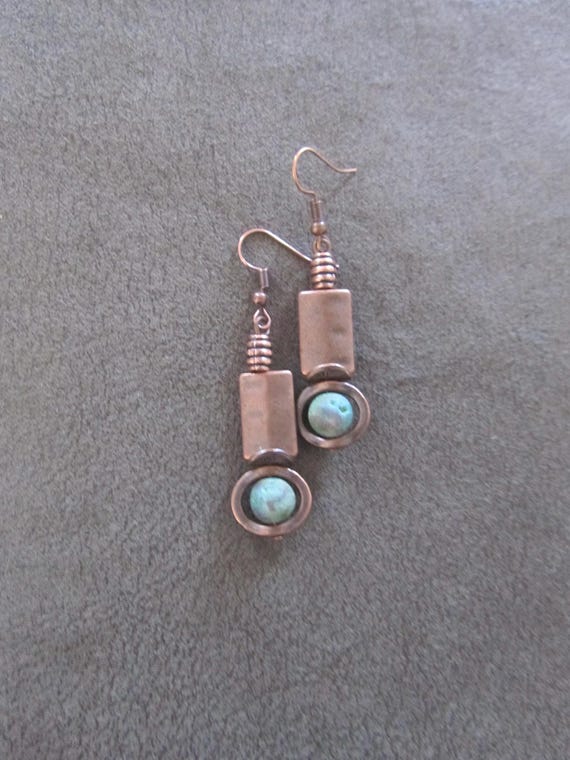 Industrial earrings, green druzy agate and copper minimalist earrings