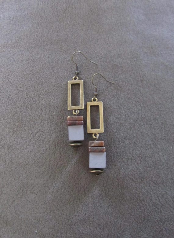 Modern jasper earrings, boho earrings, bohemian earrings, antique bronze and gray