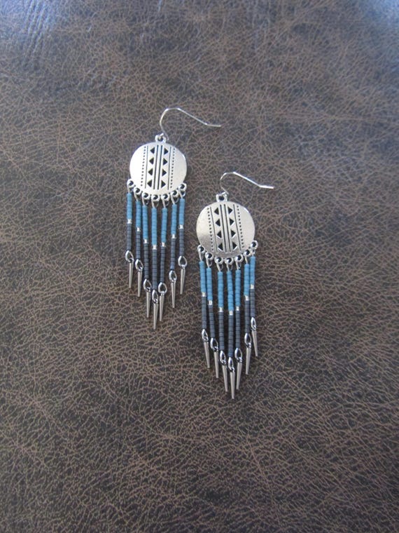 Long seed bead chandelier earrings, blue and gray 2