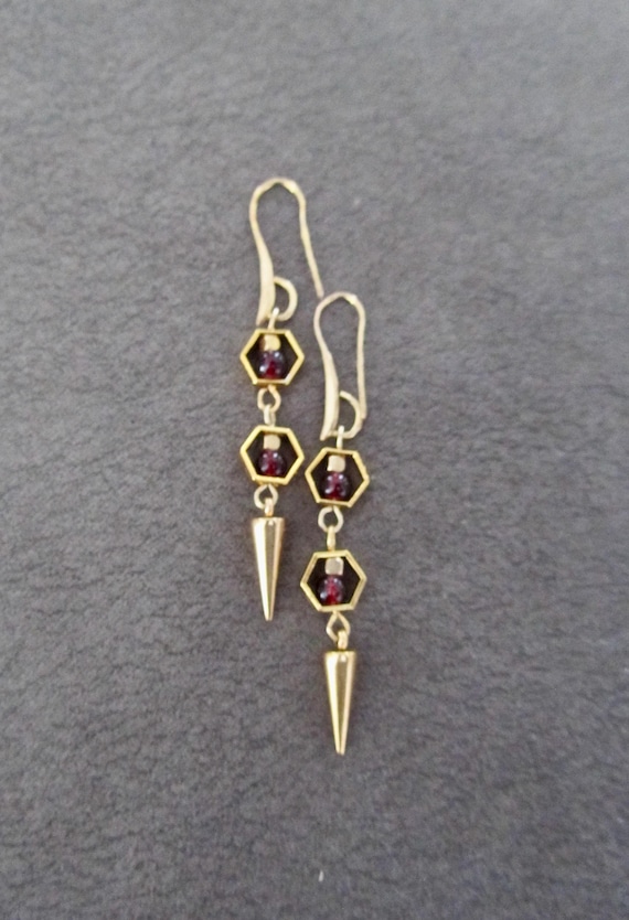 Brass and garnet geometric hexagon earrings