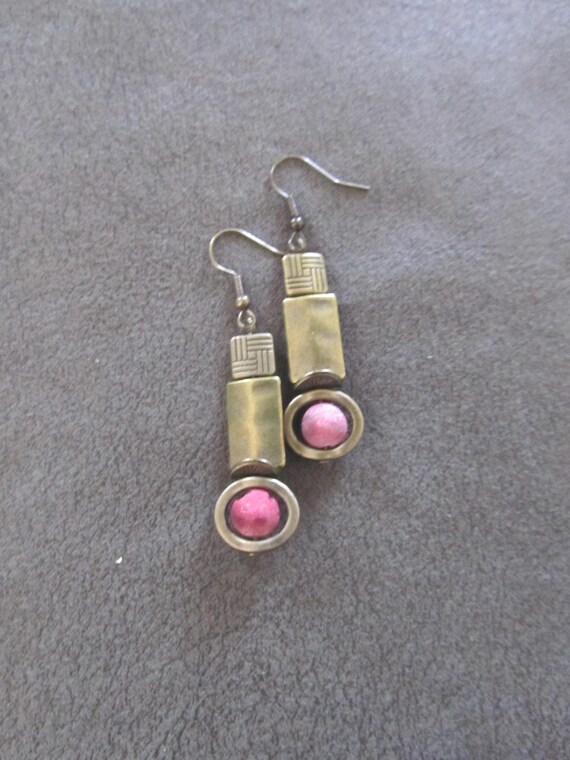 Industrial earrings, red agate and bronze minimalist earrings