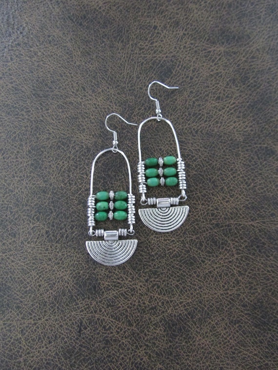 Green magnesite stone and silver ethnic statement earrings