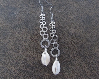 Long Cowrie Shell Dangle Earrings: Hammered Silver, Afrocentric Jewelry