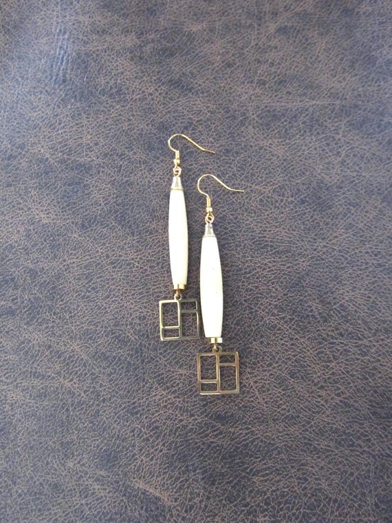 Long cream hairpipe mid century earrings