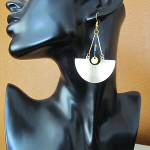 Large gold and blue hematite mid century modern Brutalist earrings image 3