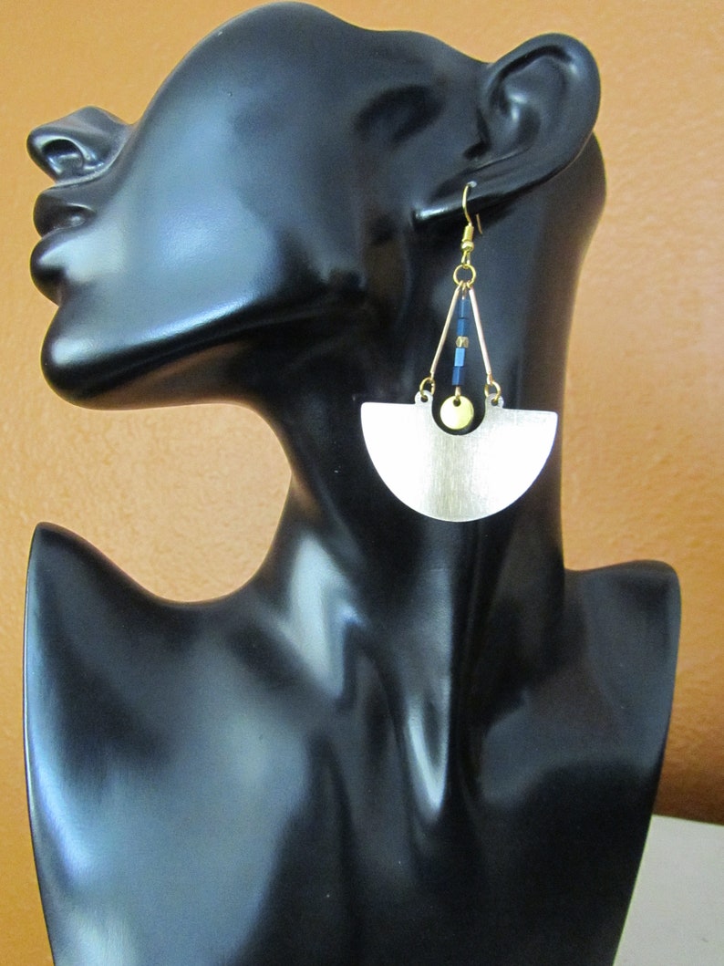 Large gold and blue hematite mid century modern Brutalist earrings image 3