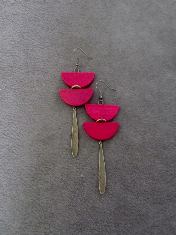Large and long bold earrings, red wooden and bronze dangle earrings, statement earrings, African jewelry, ethnic earrings
