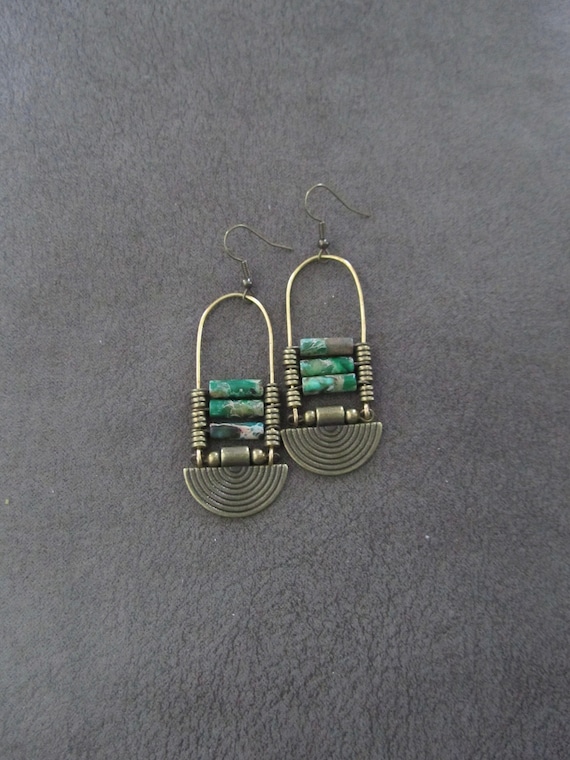 Imperial jasper earrings, green tribal chandelier earrings, unique ethnic earrings, modern Afrocentric earrings, boho chic earrings