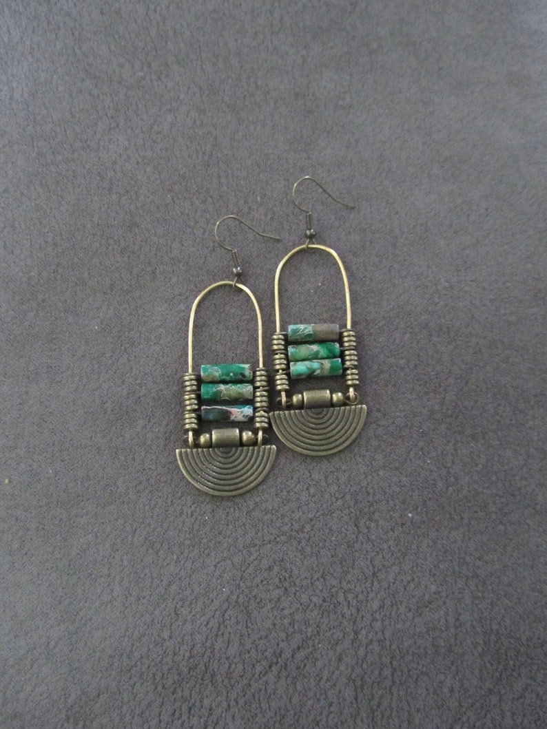 Imperial jasper earrings, green tribal chandelier earrings, unique ethnic earrings, modern Afrocentric earrings, boho chic earrings image 1