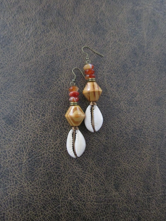Chunky wood and cowrie shell earrings, orange agate