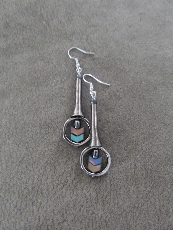Gunmetal and multicolor hematite arrow geometric earrings