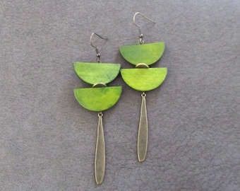 Long Leaf Green Wood and Bronze Dangle Earrings, Afrocentric Statement Jewelry