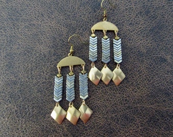 Hematite and brass chandelier earrings