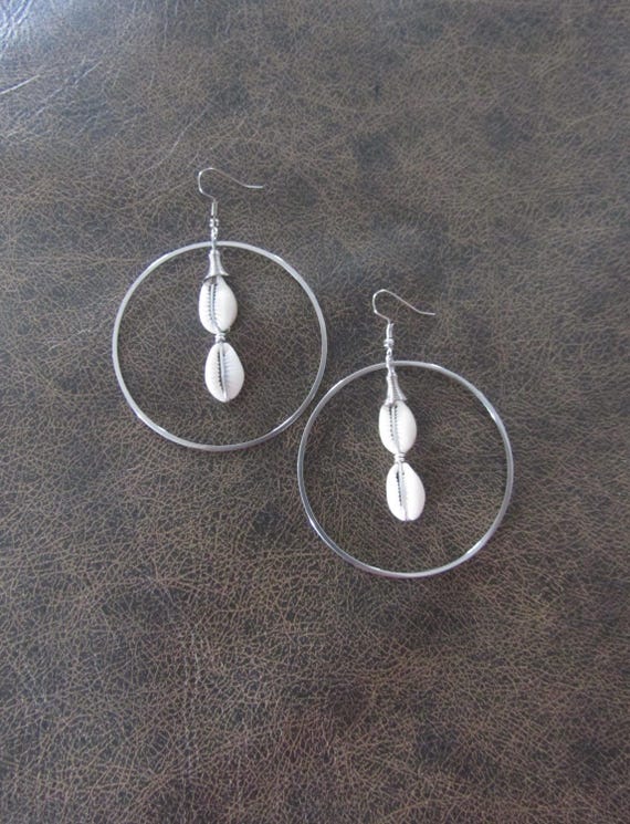 Cowrie shell and silver hoop earrings