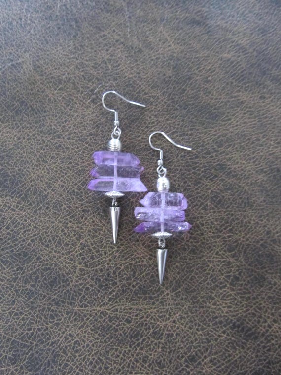 Raw quartz purple crystal earrings, rustic boho chic earrings, unique geode, silver