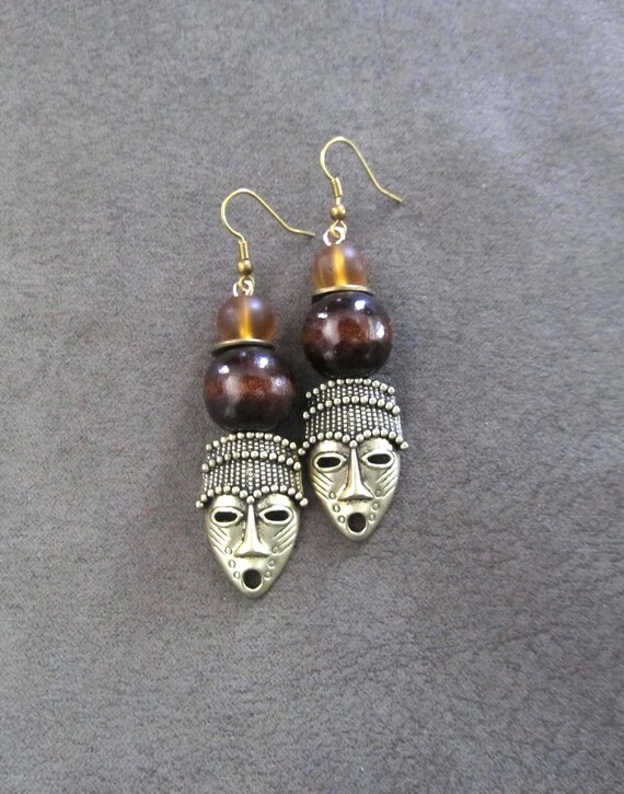 African mask earrings, tribal tiki, light matte gold, earth tones
