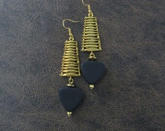 Gold statement earrings, chunky bold earrings, mid century earrings, black triangle earrings, modern