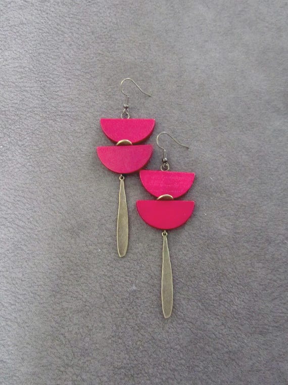 Red Wooden Dangle Earrings: Bronze Statement Jewelry