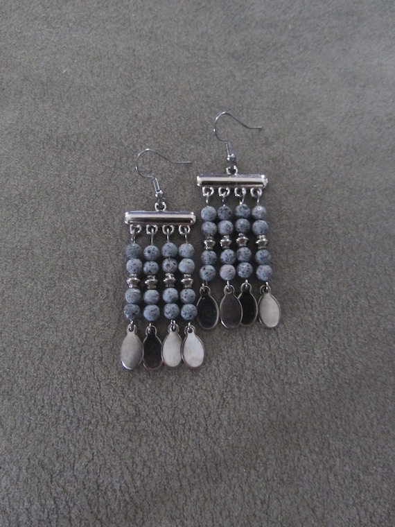 Unique lava rock and gunmetal chandelier earrings
