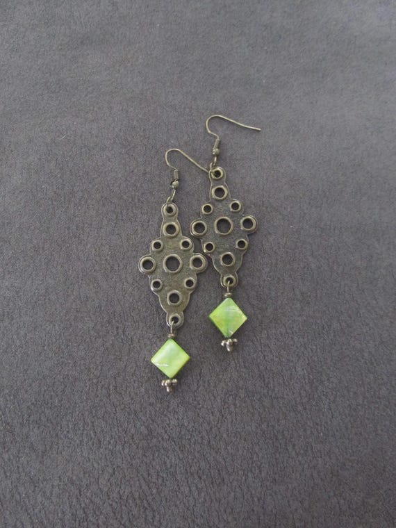 Brutalist bronze and green mother of pearl shell earrings